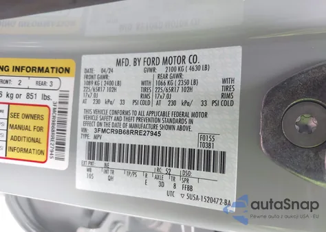 2024 Ford Bronco Sport Big Bend z USA, uszkodzony, nr VIN 3FMCR9B68RRE27945